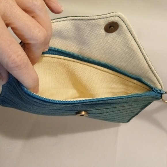 New Clutch Wristlet Wallet Teal Blue Gold Coin Purse Zippy Envelope Pouch - Picture 7 of 7